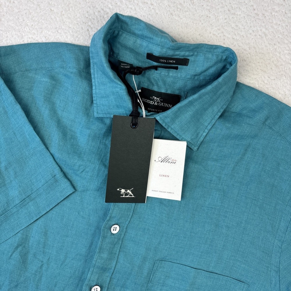 NEW RODD & GUNN 'Ellerslie' 100% Linen Shirt Mens Large Blue/Green Short Sleeve